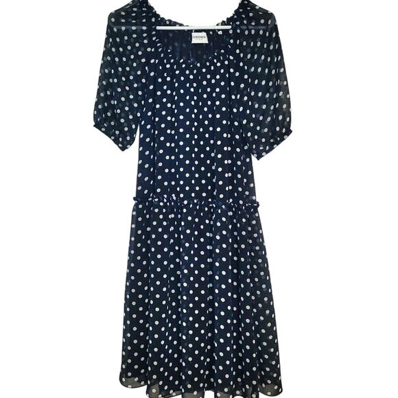 Georges Rech Paris A-Line Tiered Midi Navy Blue Polka Dot Dress-Size EU 38, US 8 - Picture 1 of 9